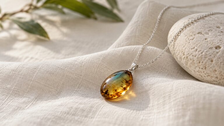 Oval amber pendant with a muted blue-green surface sheen and golden edge on ivory linen.