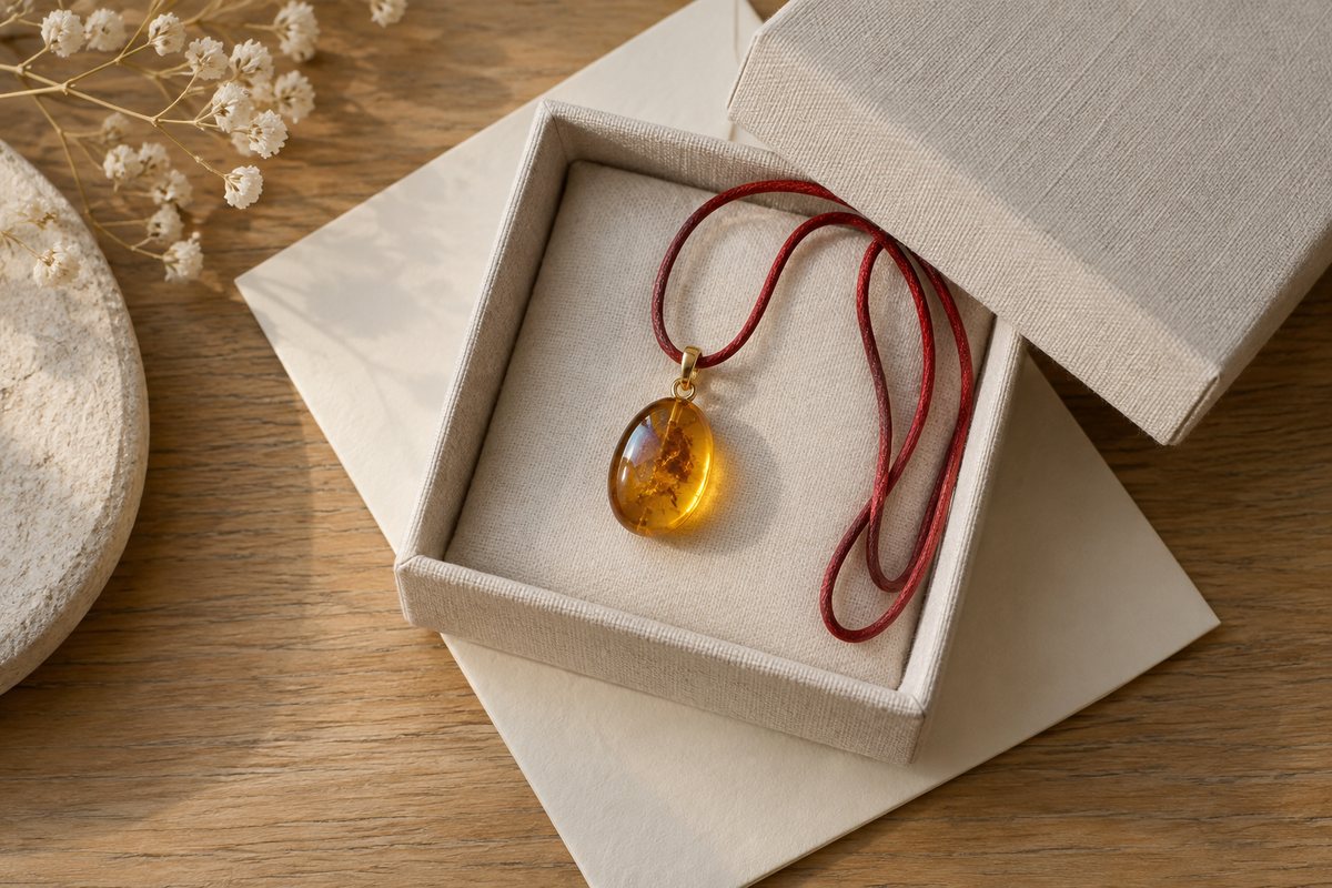 Honey amber pendant on a red cord in an ivory linen gift box.