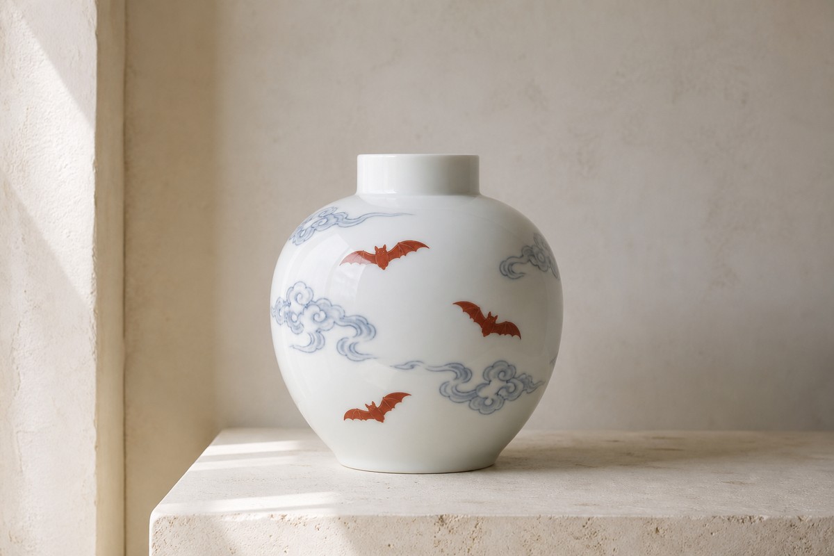 A modern white porcelain vase with blue clouds and three muted red bats.