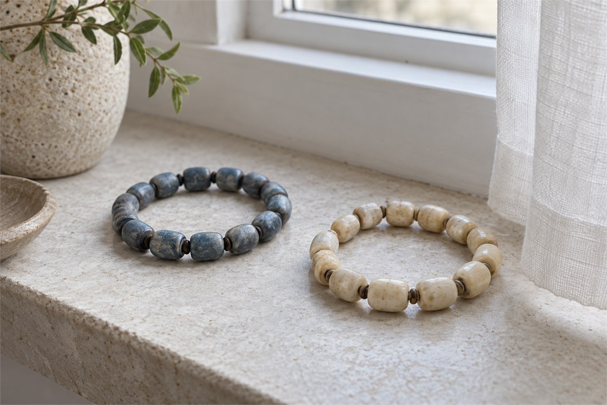 A slate-blue bracelet and a cream bone-bead bracelet beside a light curtain.