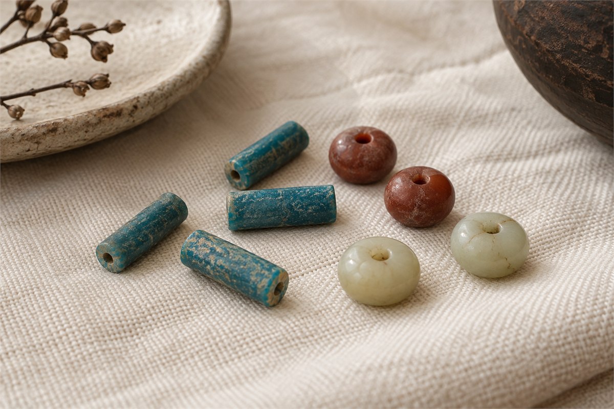 Four blue tube beads with red and pale stone beads on cream cloth.