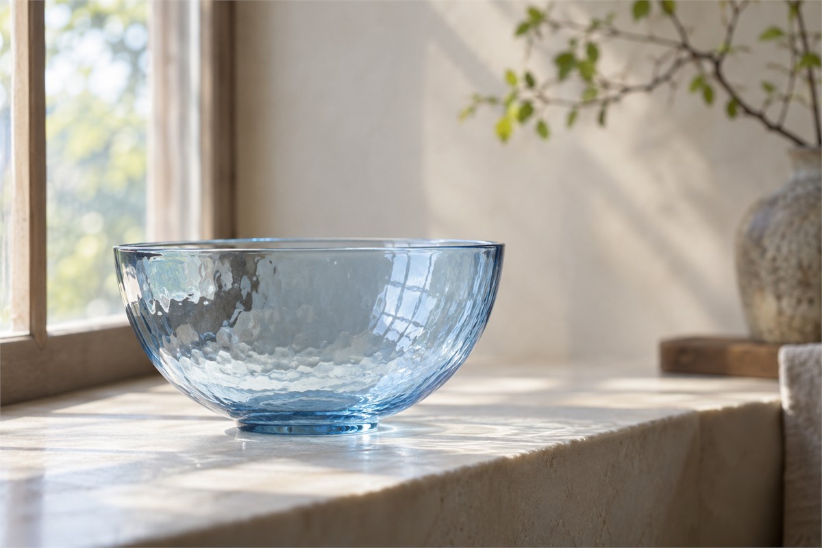 Empty pale blue glass bowl reflecting a window on a cream ledge.