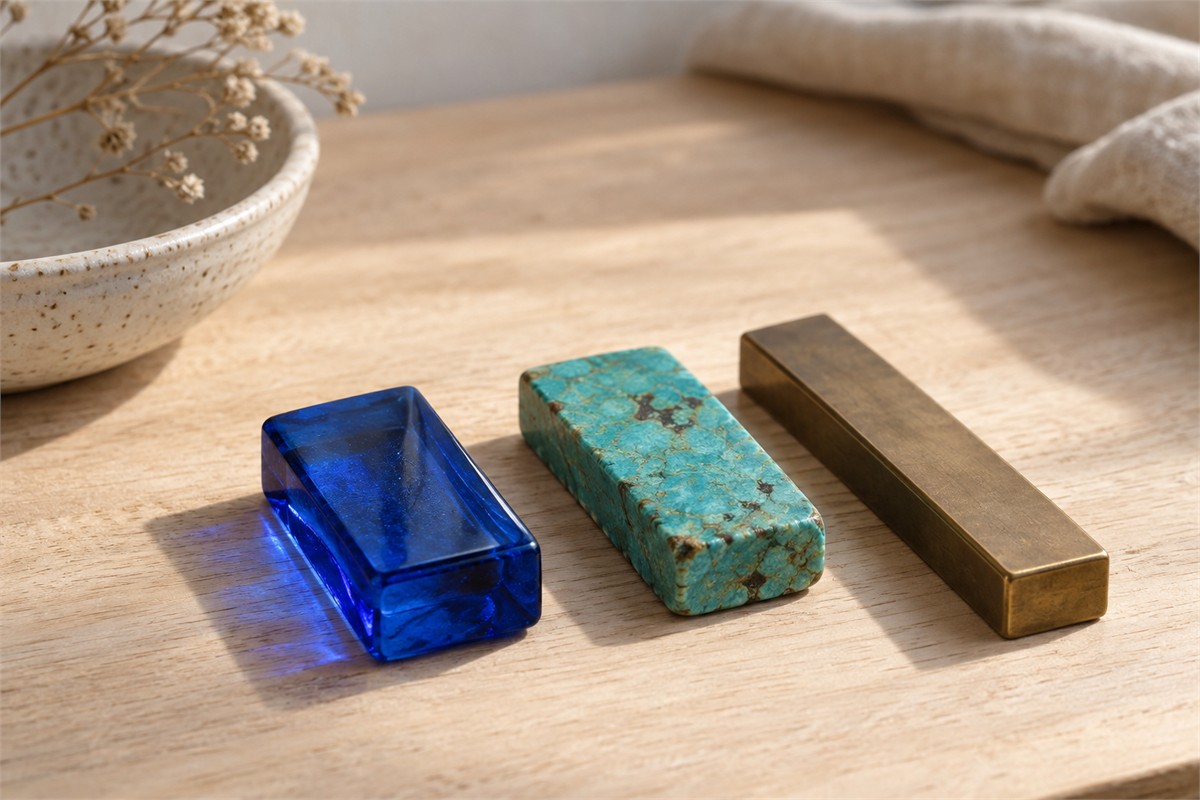 Blue glass rectangle, turquoise-colored stone rectangle, and bronze-colored strip.