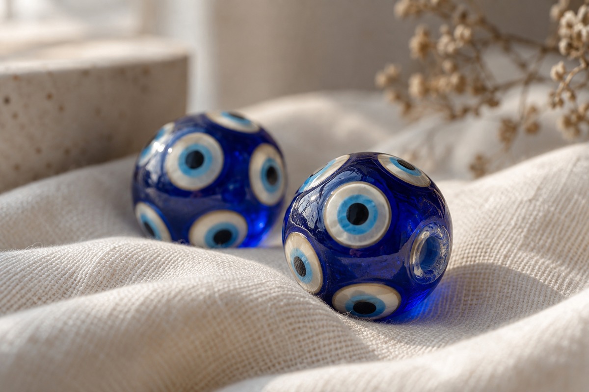 Two cobalt-blue glass eye beads catching window light on folded ivory fabric.