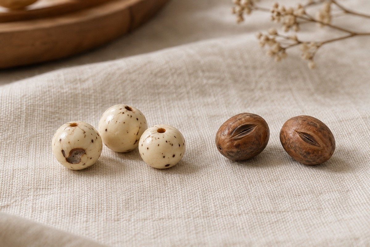 Pale speckled Xingyue beads and brown phoenix-eye Bodhi beads on ivory linen.