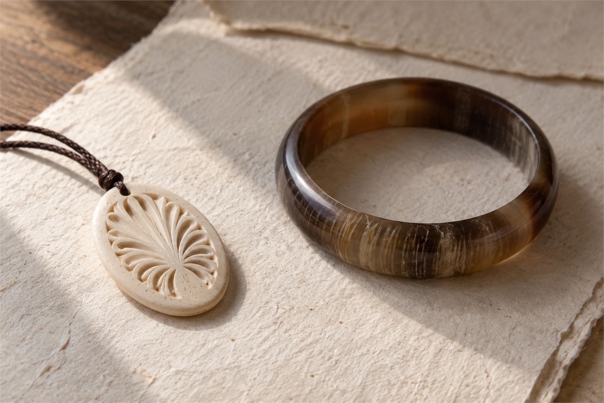 Pale carved pendant and dark translucent bangle placed separately on paper.