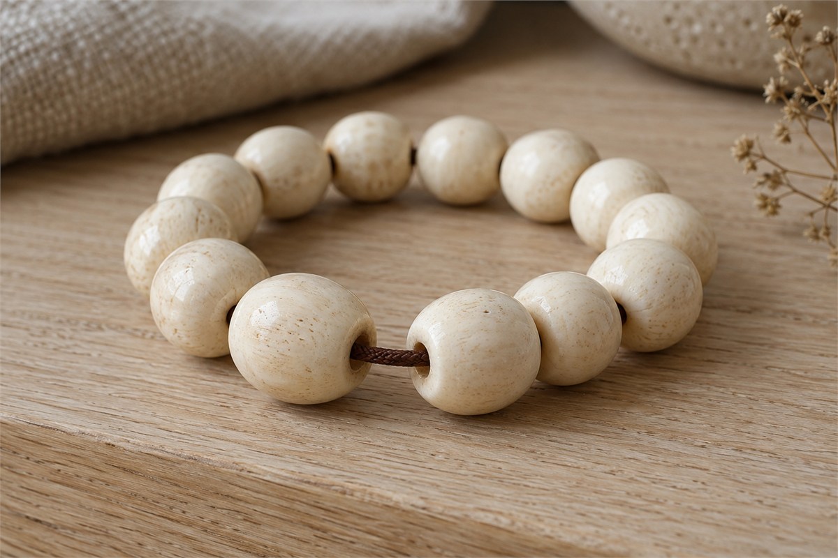 Close details of a bone bracelet cord and smooth bead holes.