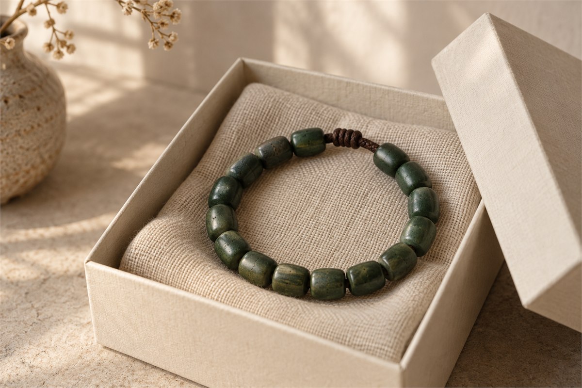 A muted green bone-bead bracelet inside an open unmarked paper gift box.