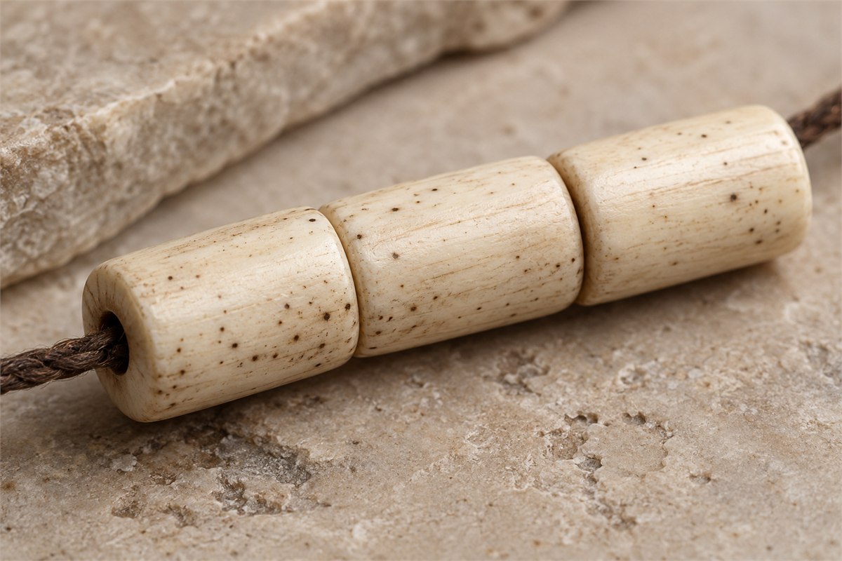 A close view of pale bone beads with fine pores and a visible threading hole.