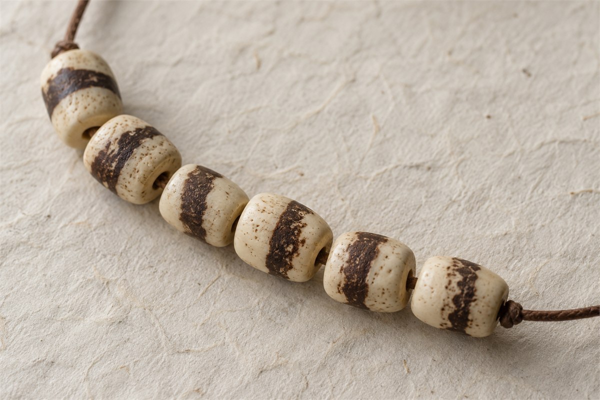 Cream bone beads with irregular dark bands threaded on a brown cord.