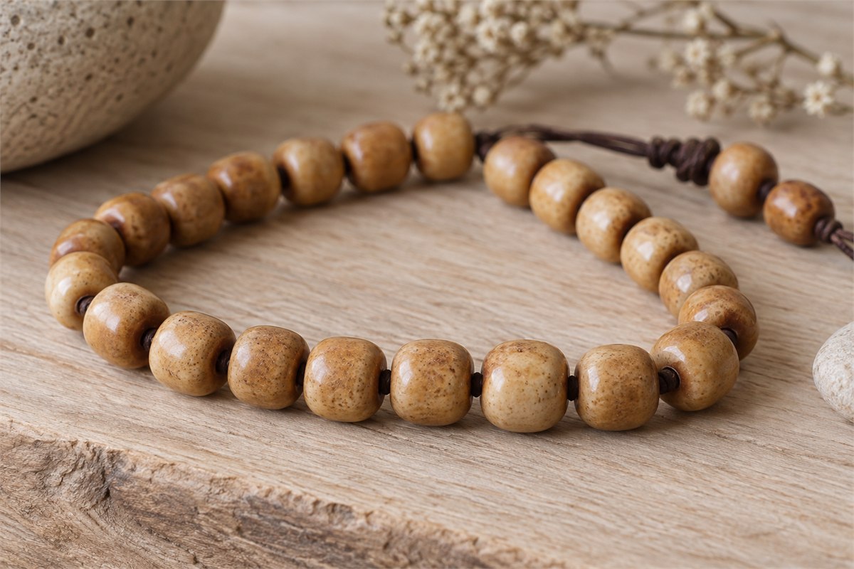 Honey-brown bone beads with subtle differences between raised surfaces and recesses.