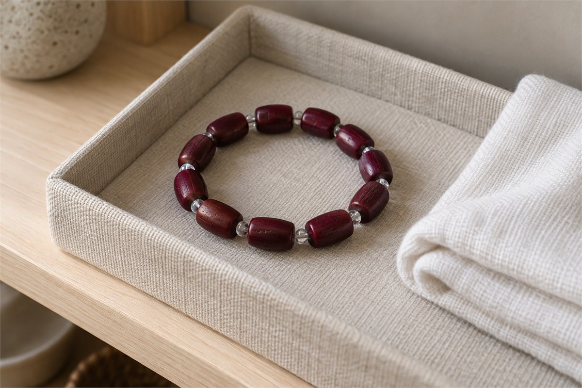 A burgundy bone-bead bracelet with clear spacers beside a soft dry cloth in a linen-lined tray.