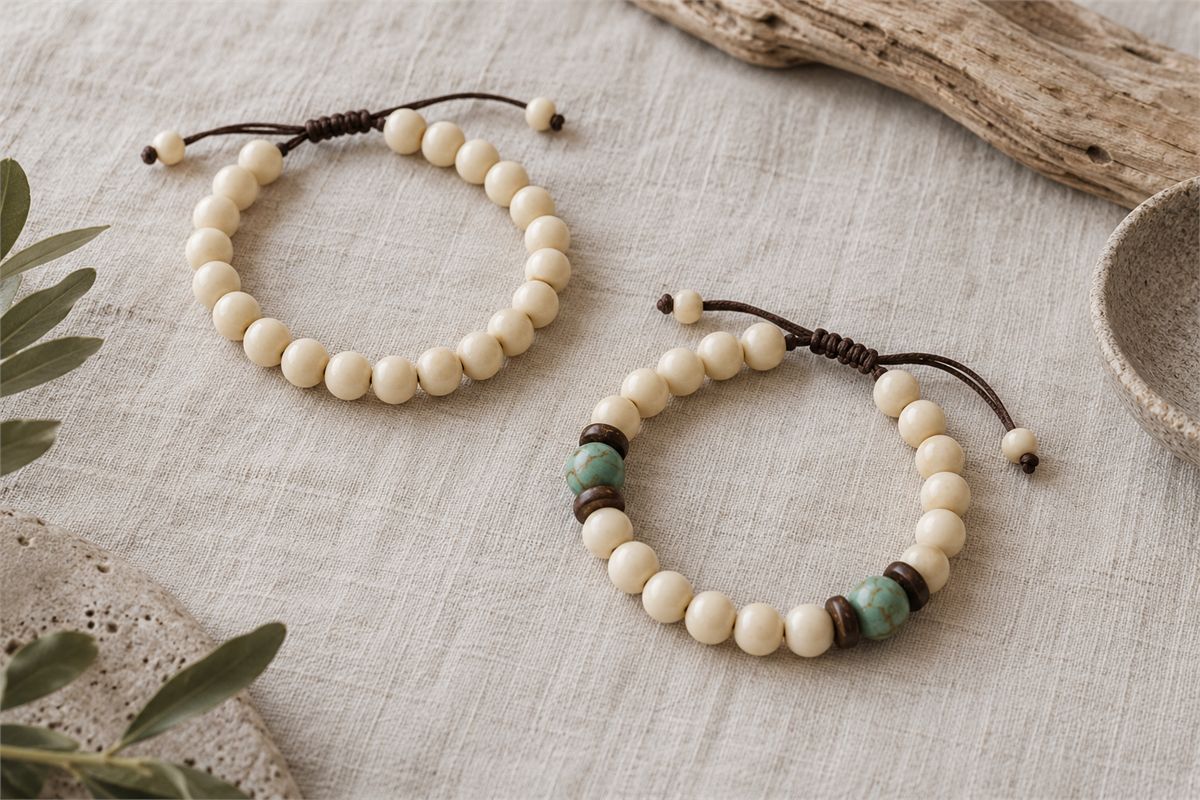 A plain cream bead bracelet and a mixed bead strand on pale linen.