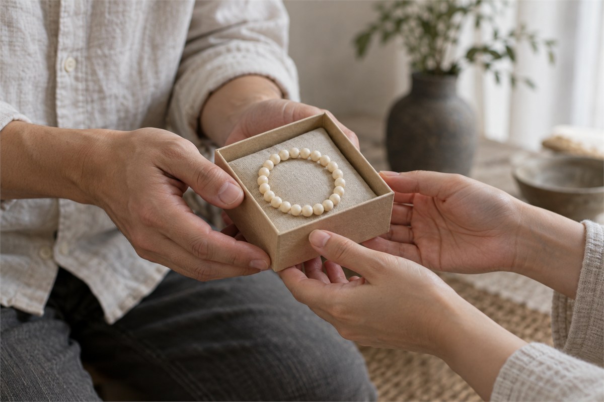 Hands offering a bone bead bracelet in a small open gift box.