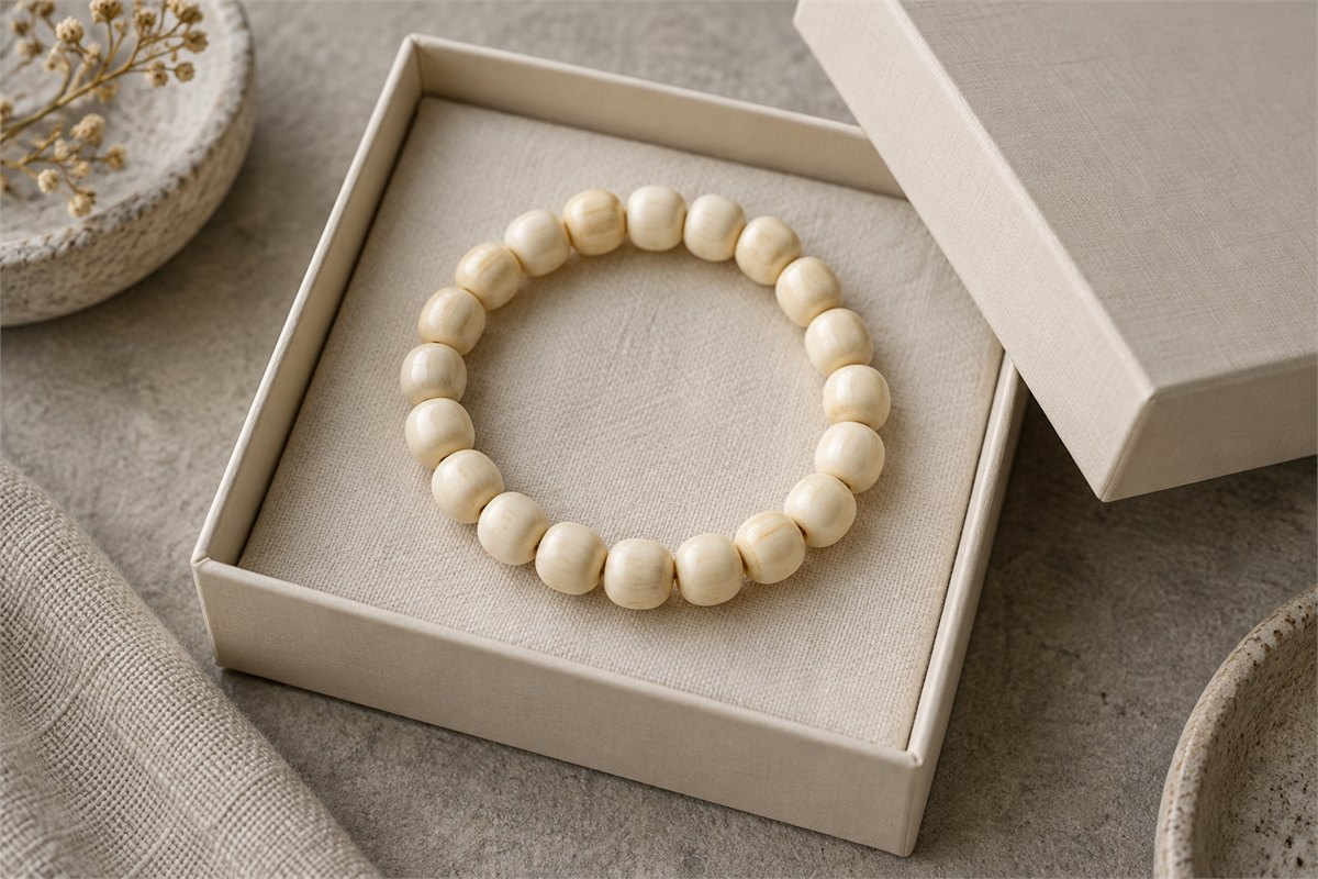 A bone bead bracelet resting in a softly padded neutral box.
