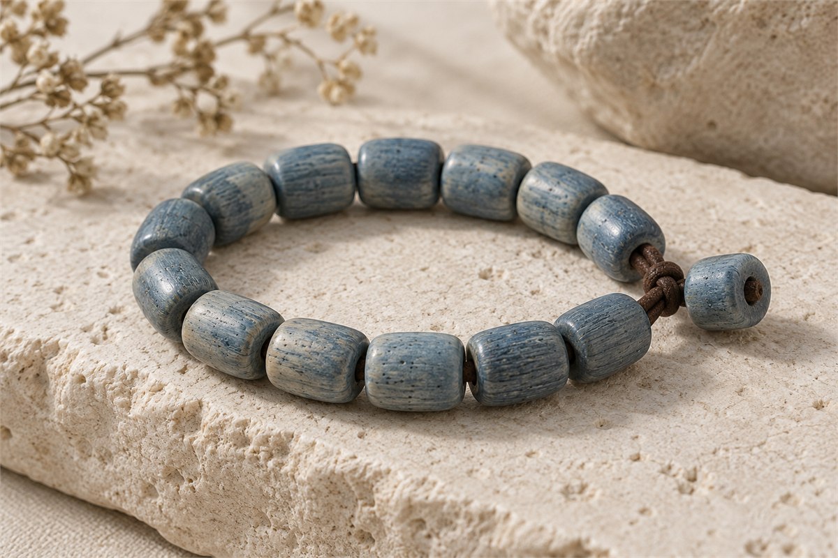A blue bone-bead bracelet shown fully with its cord knot and bead holes.