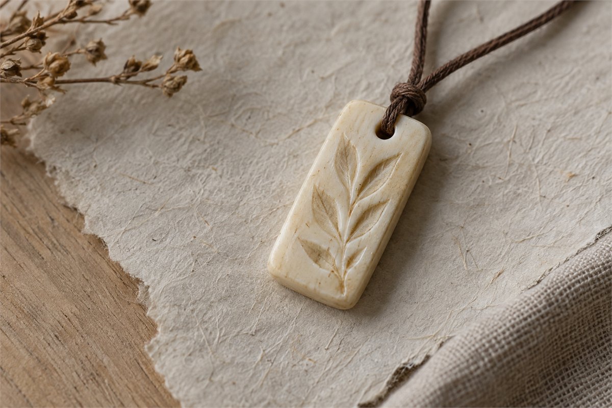 A small bone pendant with a simple carved plant motif on a brown cord.