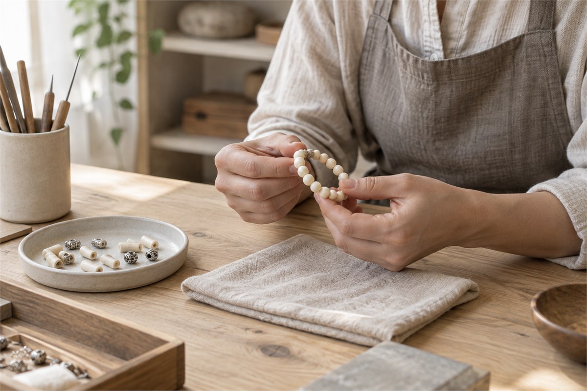 A maker checking a finished bone bead bracelet at a tidy workbench.