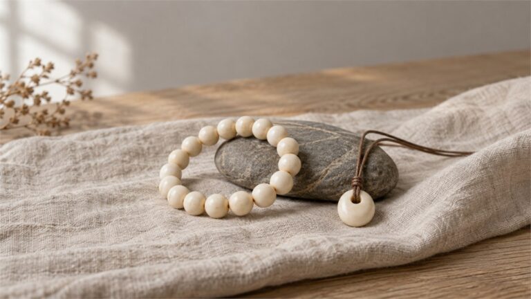 Two bone bead jewelry pieces arranged on neutral cloth beside a smooth stone.