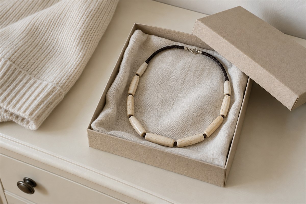 Pale bead necklace in a softly lined open gift box.