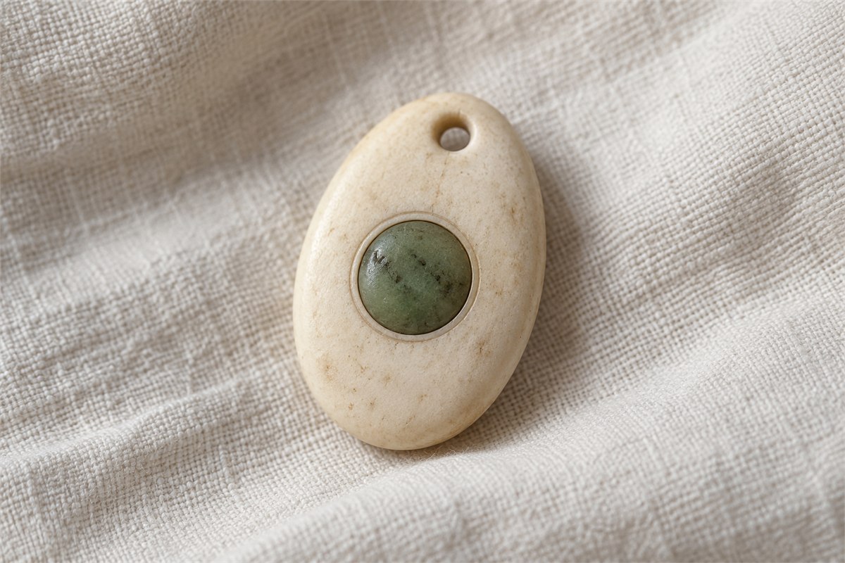 Pale oval pendant with a small flush green inset on cotton.