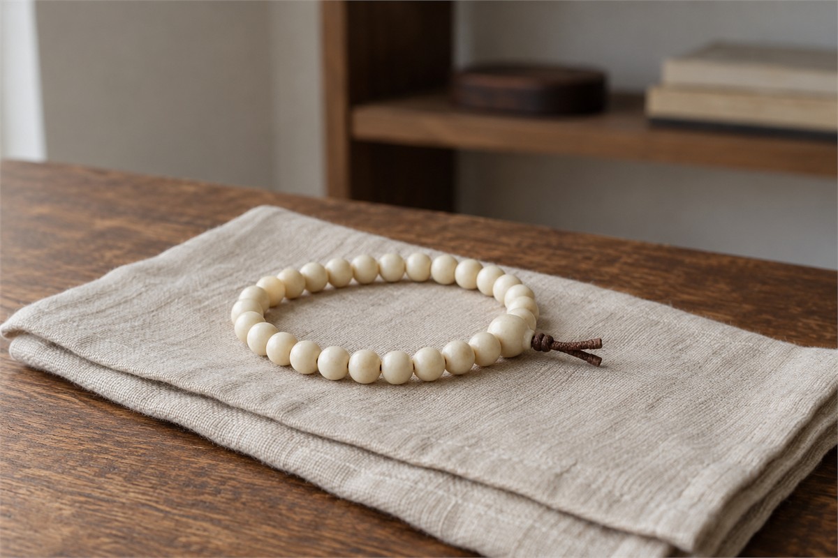 Pale prayer beads supported on a folded unbleached cloth.