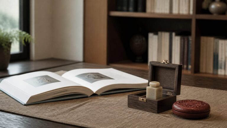 Open books beside a pale stone collector seal in a wooden box