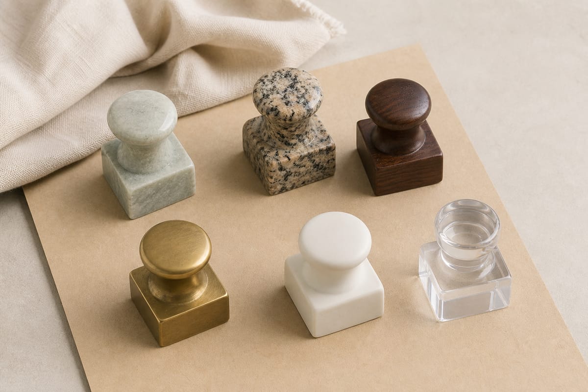 Six seal blanks in stone, wood, brass, ceramic, and clear acrylic