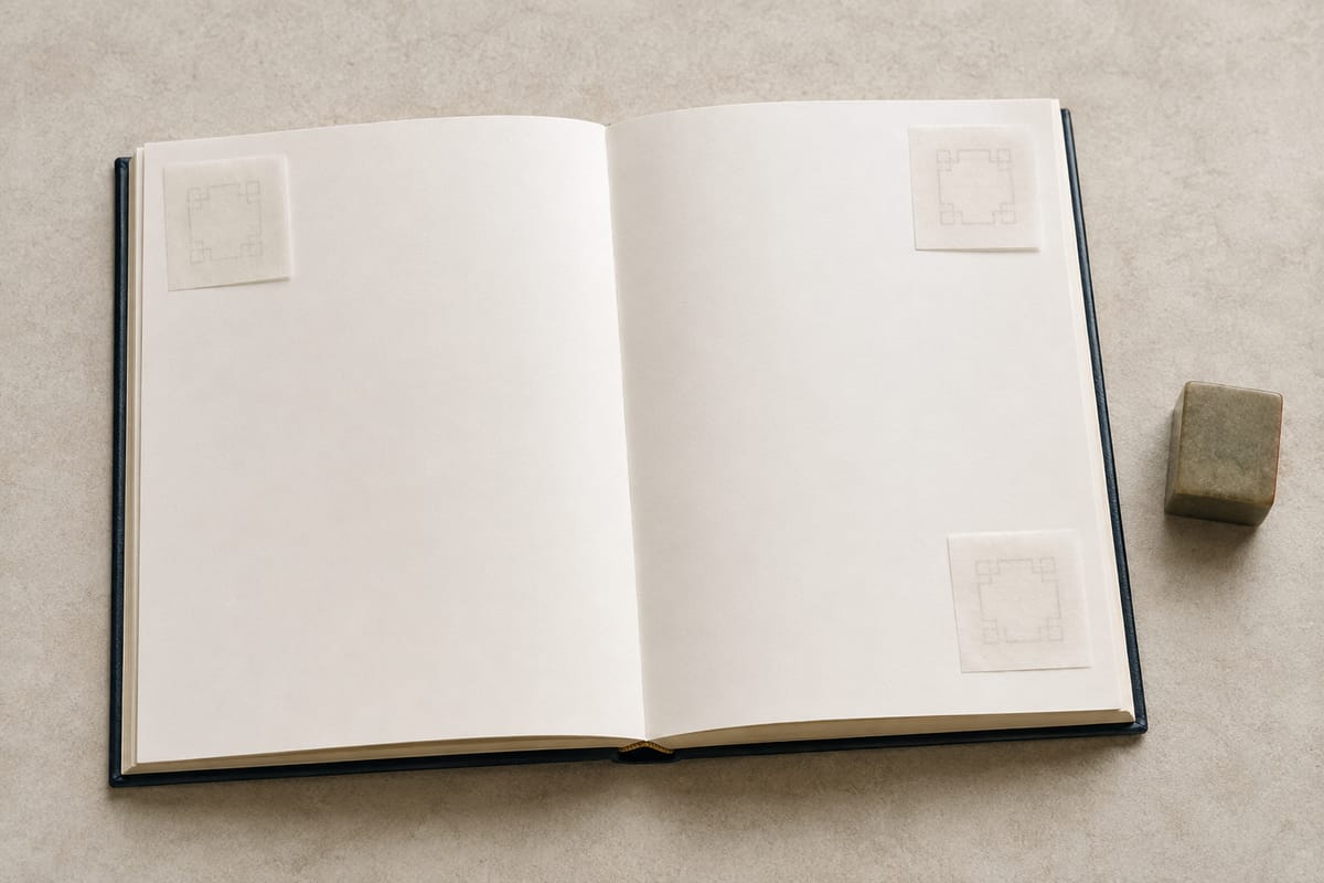 Open blank book with removable guides marking possible seal positions