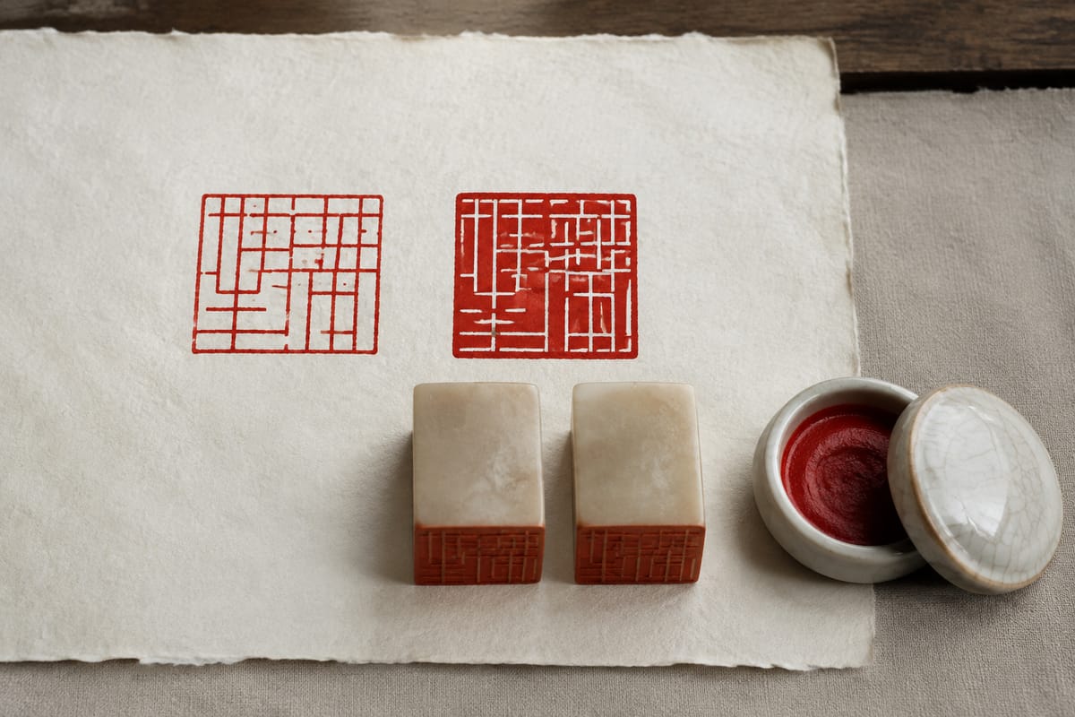 Two abstract seal impressions comparing red-line Zhuwen and white-line Baiwen effects