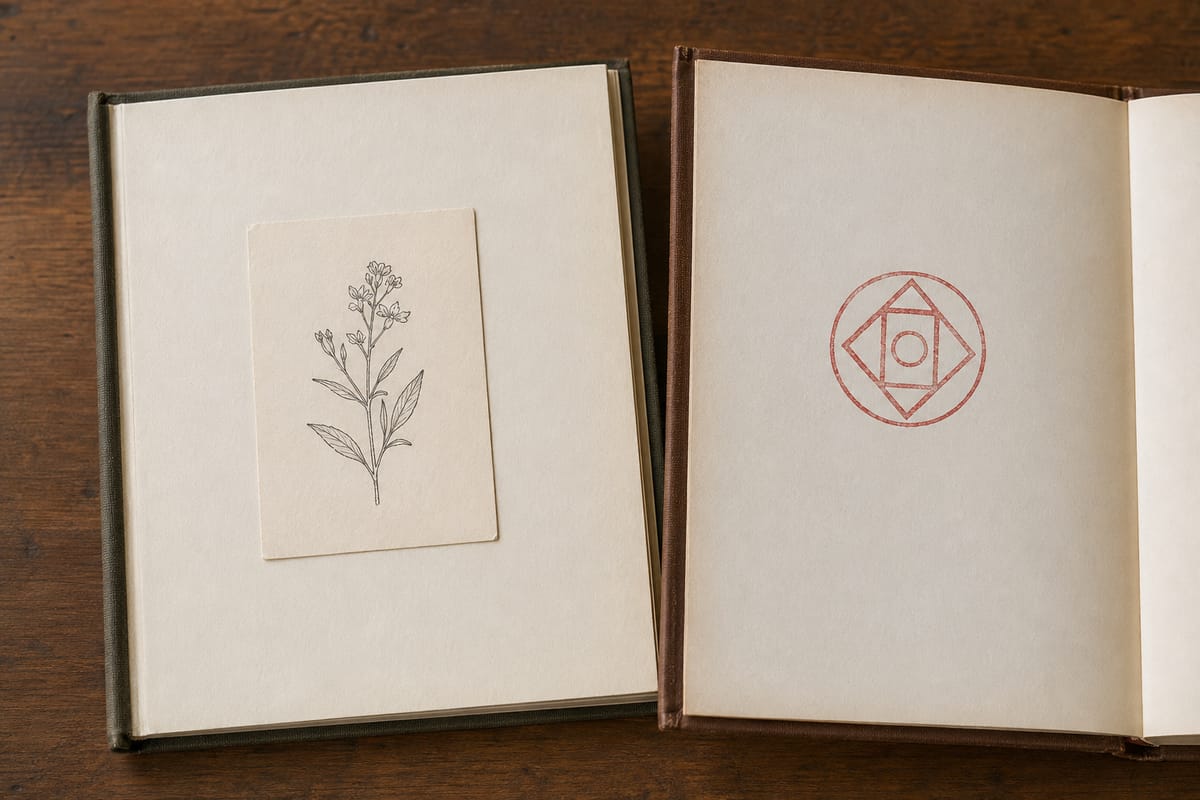 Two open books comparing a pasted botanical bookplate with a direct red seal impression