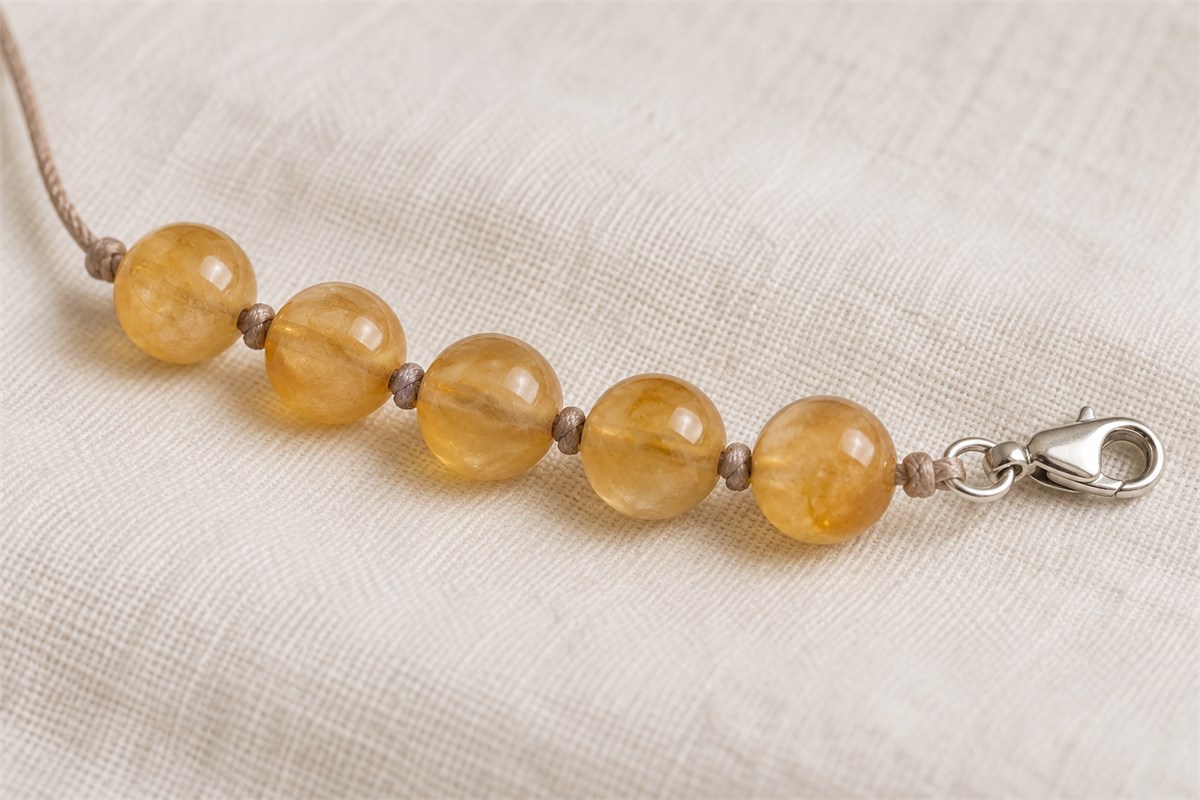 Five honey-colored beads on taupe cord beside a connected silver clasp.
