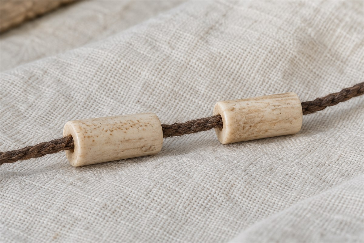 Brown braided cord passing through two pale cylindrical beads.