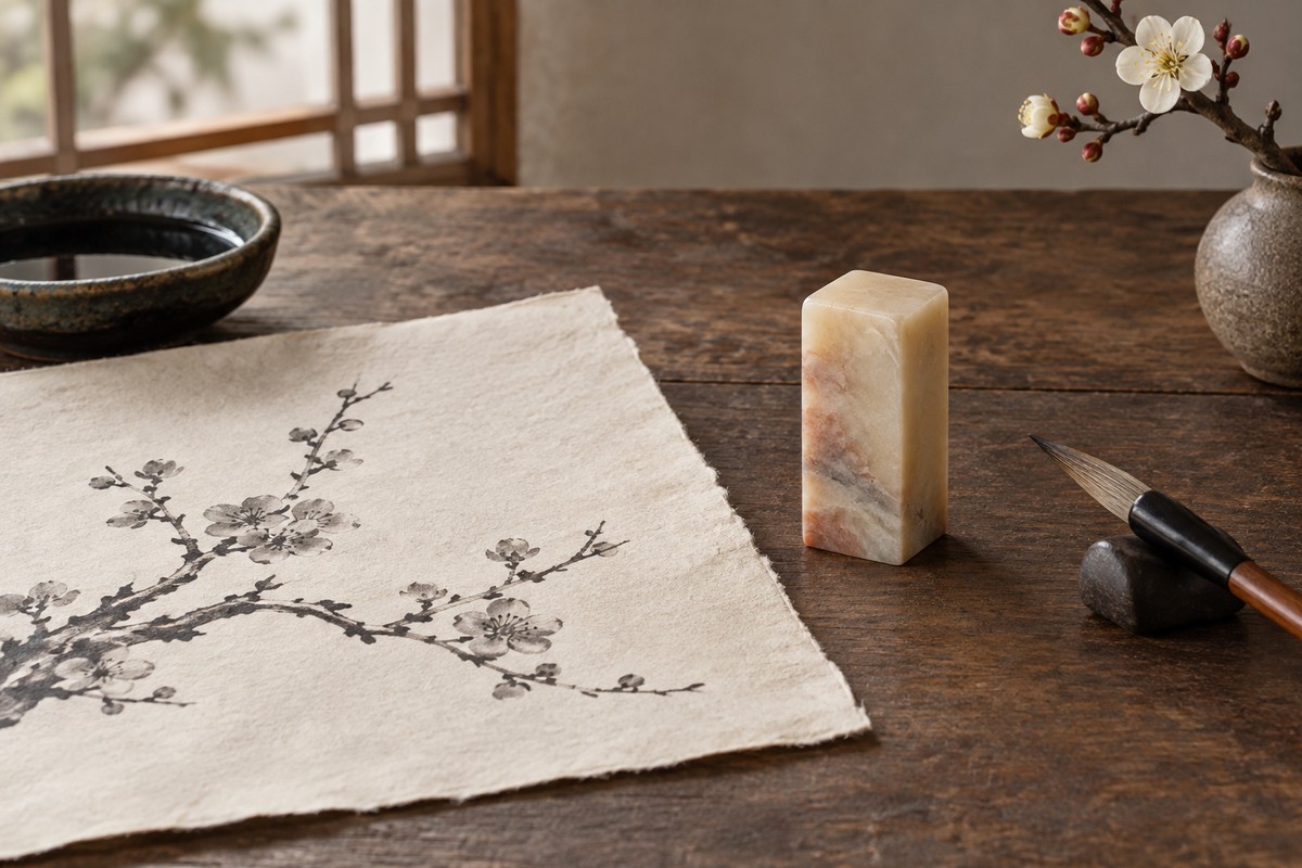 A simple branch drawing lies beside an undecorated stone blank.
