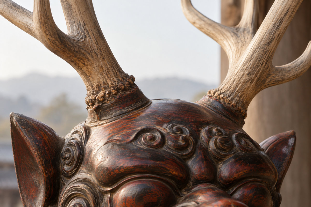 Branching antlers rising from a lacquered wooden head