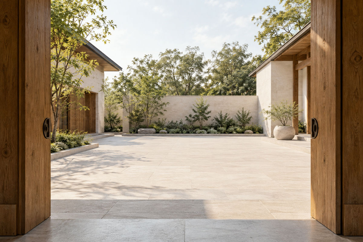 A pale courtyard opens ahead of a simple timber doorway.