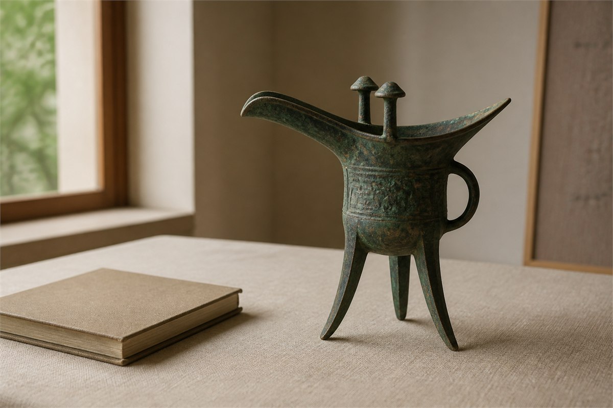 A three-legged bronze jue vessel replica stands on a neutral study table.