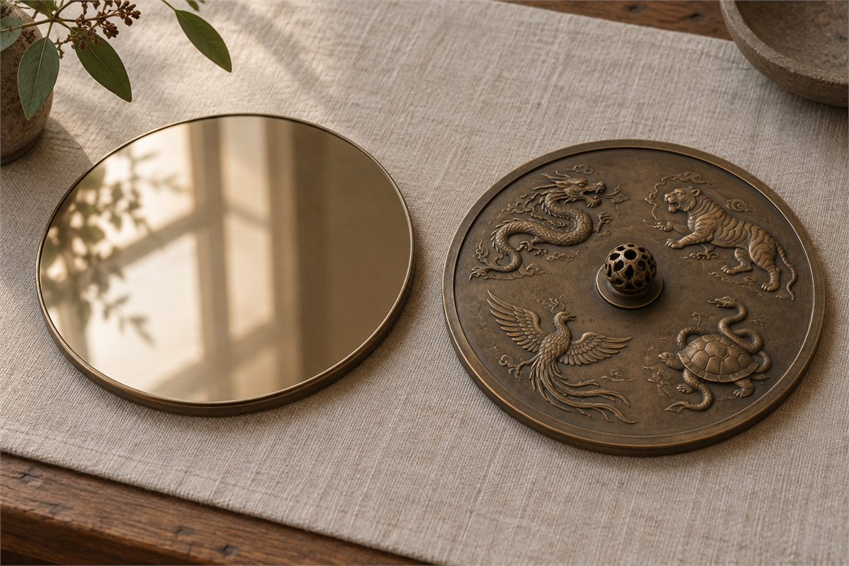 Two modern bronze mirror studies show a polished reflecting face and a patterned reverse with a central knob.