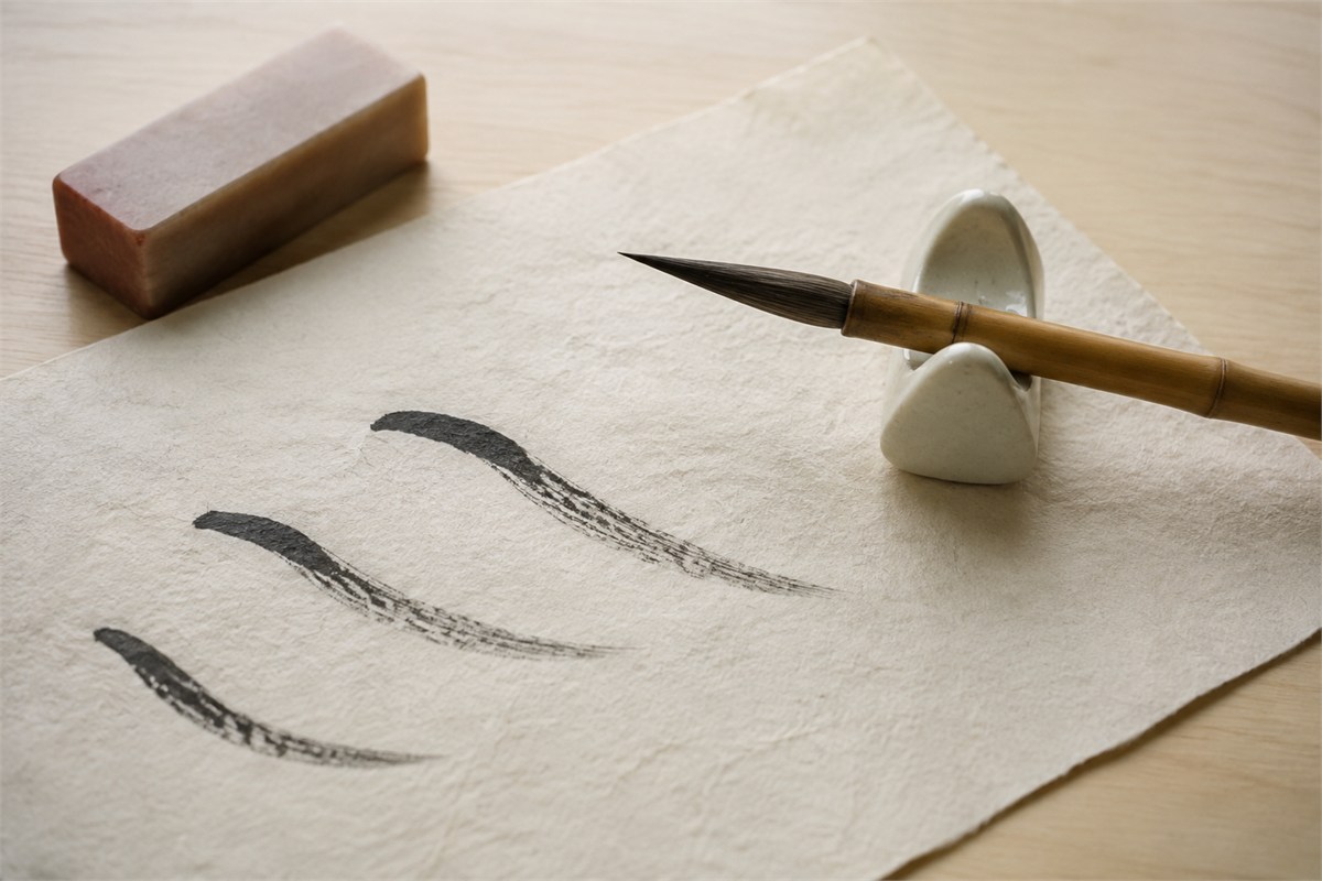 Three curved ink strokes on textured paper beside a brush on a ceramic rest.