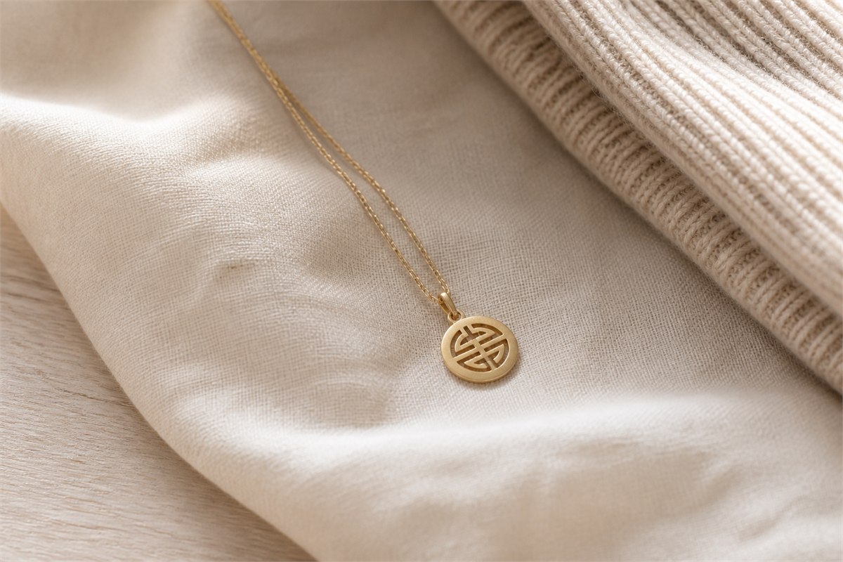 Small brushed gold-tone longevity medallion pendant on cream linen beside an oatmeal knit sleeve