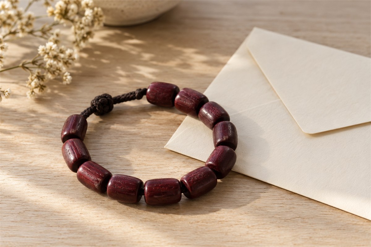 A burgundy bone-bead bracelet beside a folded cream envelope.