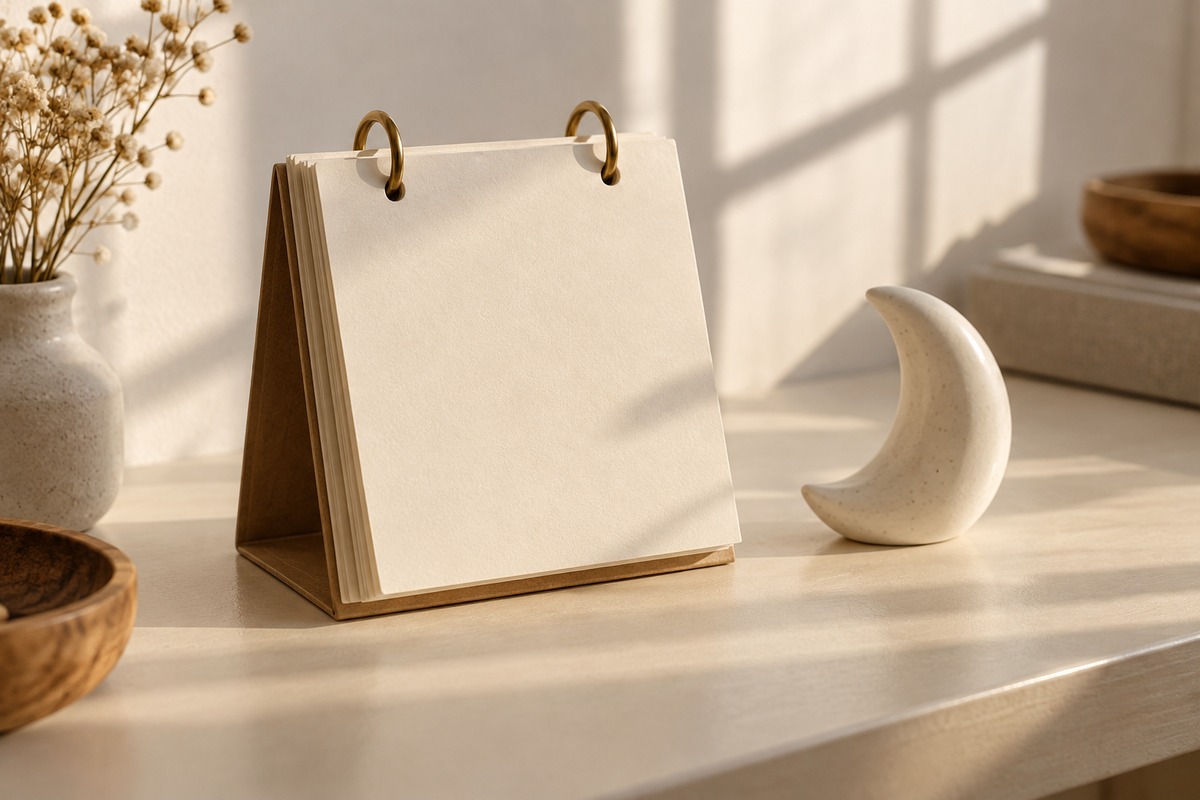 Unnumbered paper calendar leaves sit beside a small crescent-shaped object.