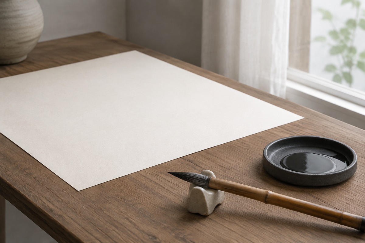 A bamboo-handled brush rests beside an inkstone and blank paper.