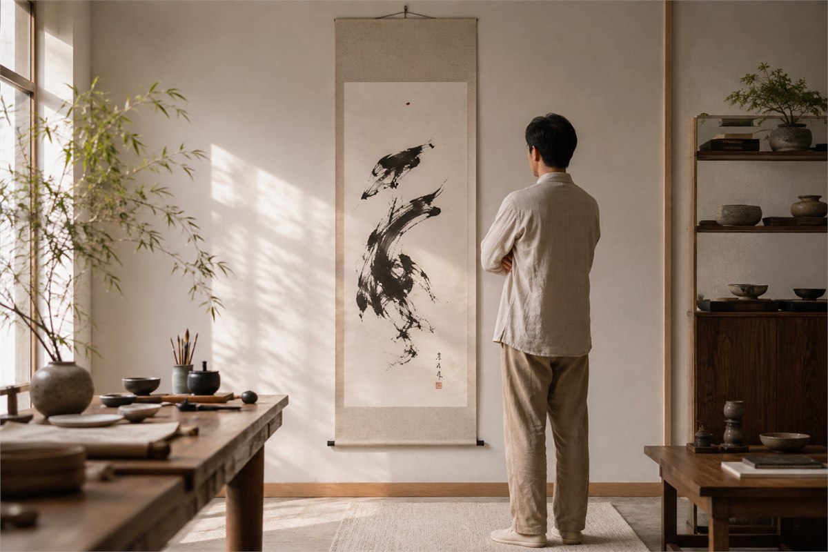 Artist standing back to assess upper and lower red seals across a hanging calligraphy work