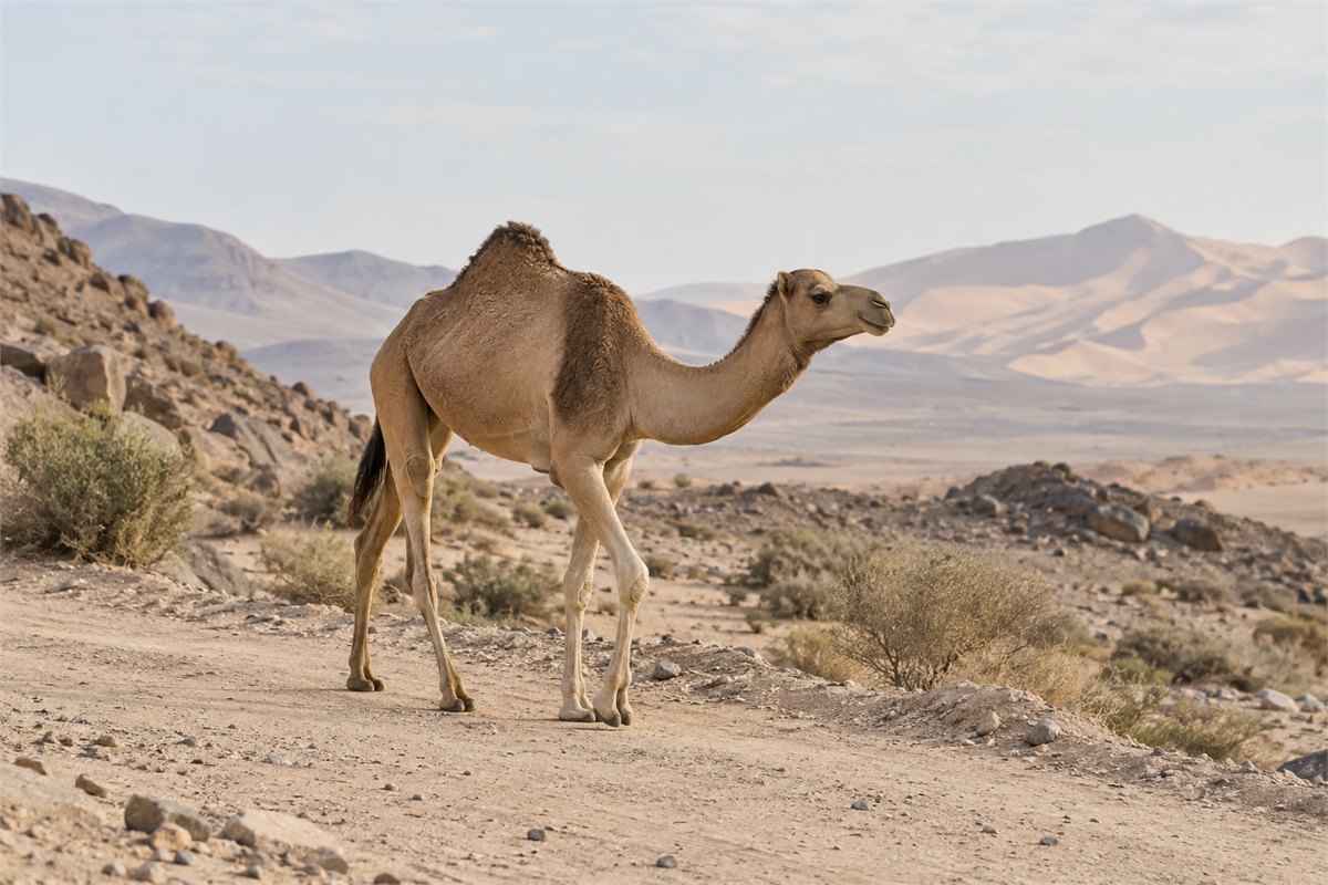 A domestic camel walking along a quiet sandy track.