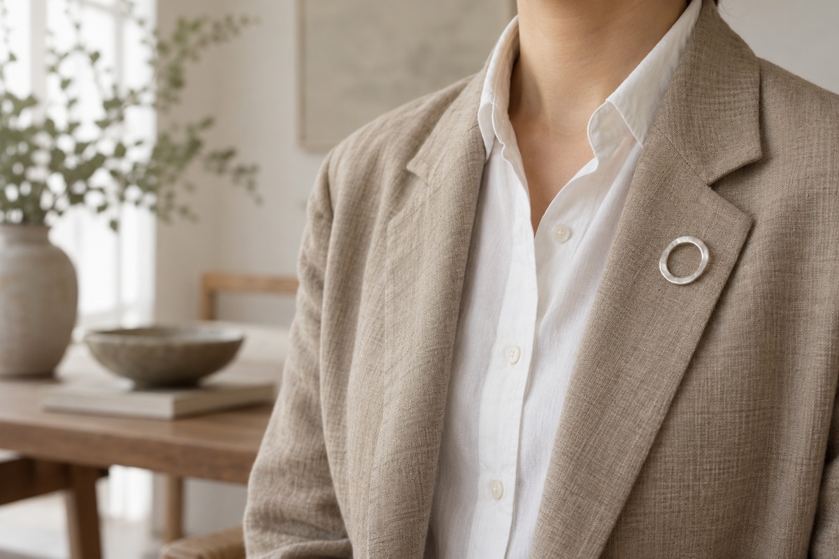 A camel-colored jacket and white shirt are accented by a small brushed silver brooch.