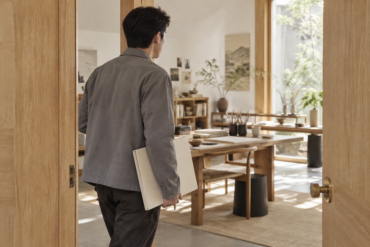 An adult carrying a plain portfolio through a bright wooden doorway.
