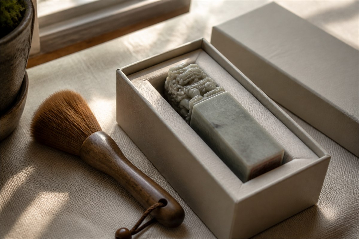 Stone seal resting in a fitted box beside a soft cleaning brush