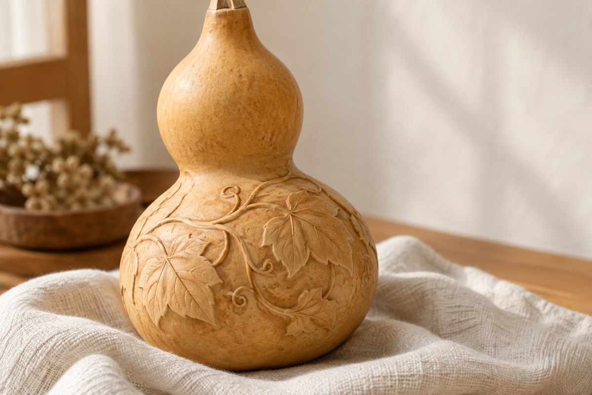 A shallow leaf-and-vine design follows the surface of a dried gourd.