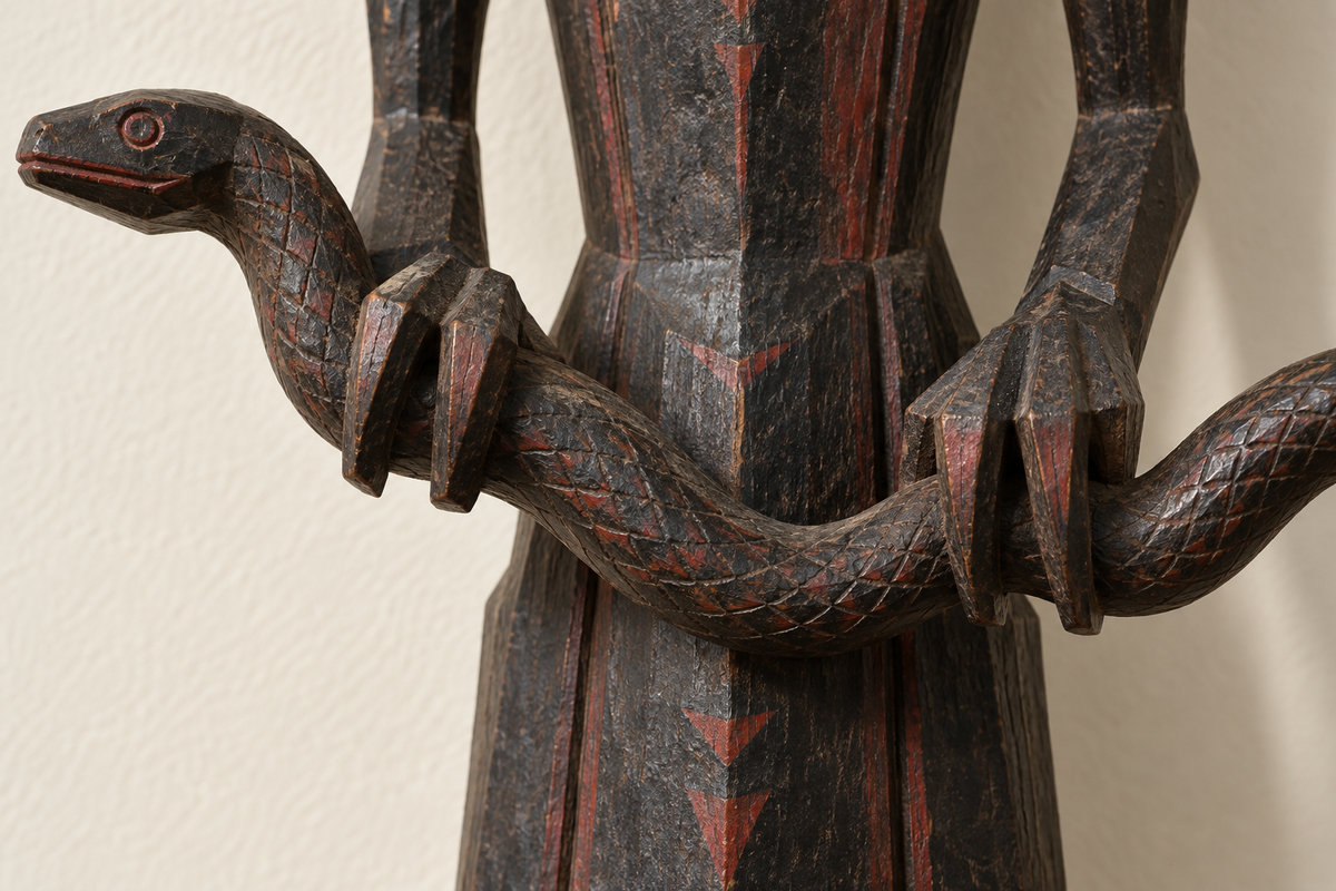 Carved wooden guardian hands holding a curling serpent
